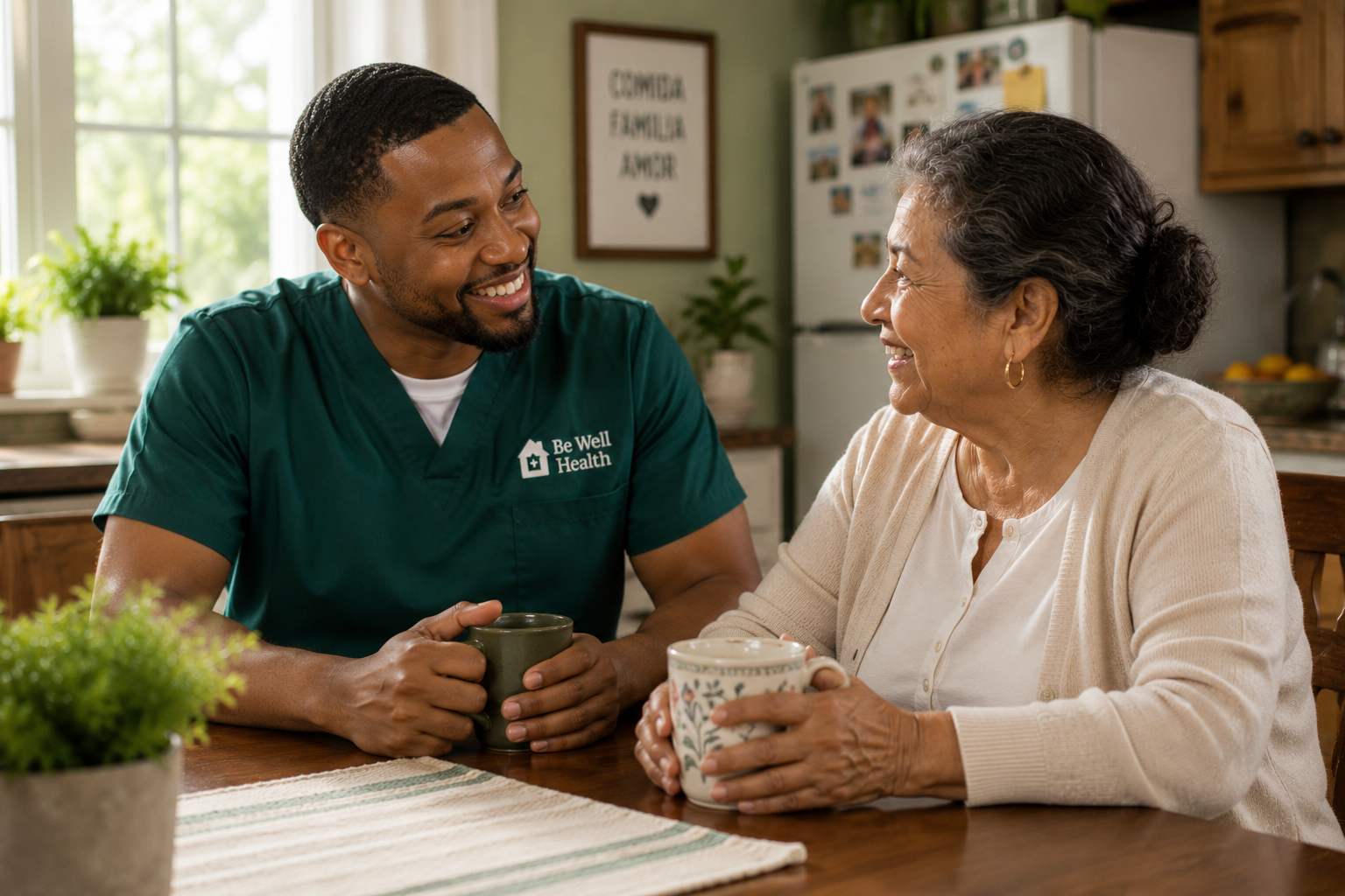 A Be Well caregiver sharing a warm moment with an elderly client at home