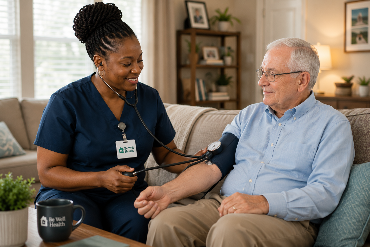 A Be Well nurse providing skilled care to a senior at home