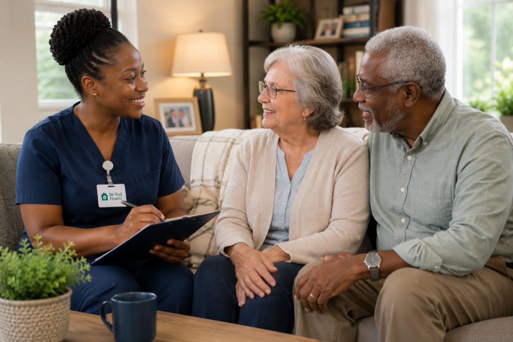 A Be Well nurse meeting with a senior couple for a free in-home assessment