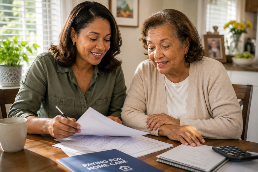 A family reviewing home care options and paperwork together at home