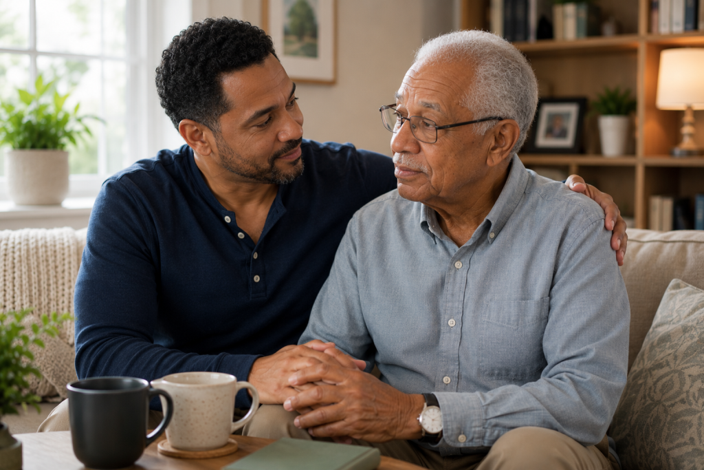 An adult child sharing a thoughtful moment with an elderly parent at home